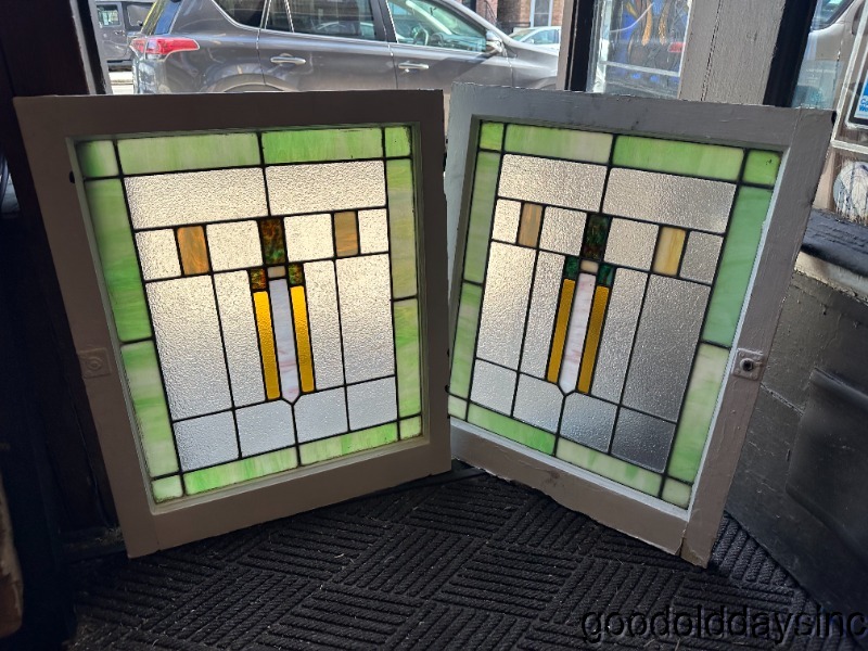 Pair of Antique Stained Leaded Glass Privacy Windows Circa 1925 29" x 24"