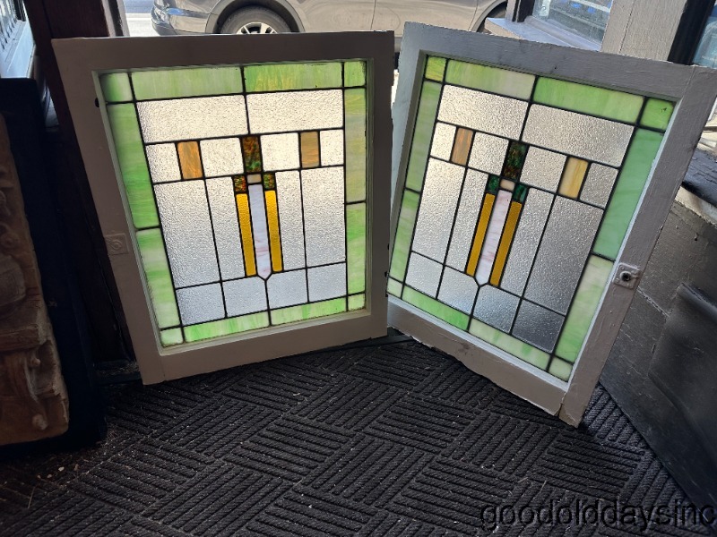 Pair of Antique Stained Leaded Glass Privacy Windows Circa 1925 29" x 24"