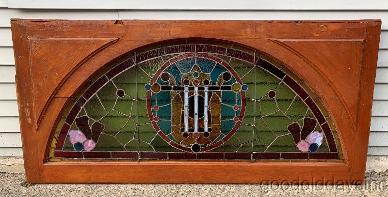 Large Victorian Arched Stained Leaded Glass Transom Window w/ Jewels 