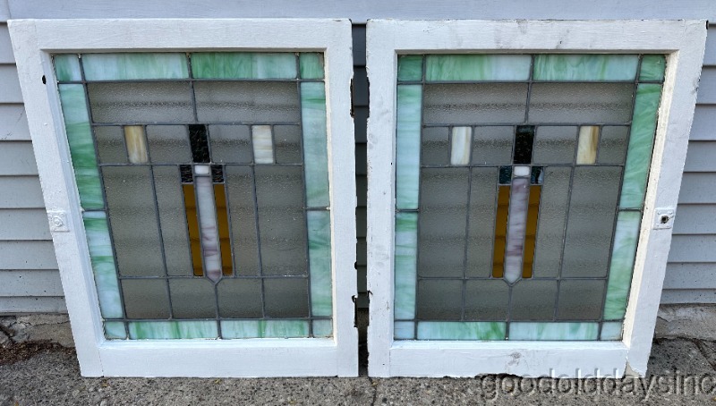 Pair of Antique Stained Leaded Glass Privacy Windows Circa 1925 29" x 24"
