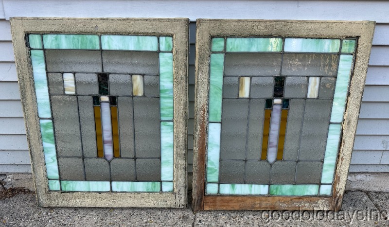 Pair of Antique Stained Leaded Glass Privacy Windows Circa 1925 29" x 24"