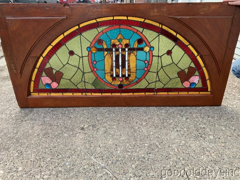Large Victorian Arched Stained Leaded Glass Transom Window w/ Jewels 
