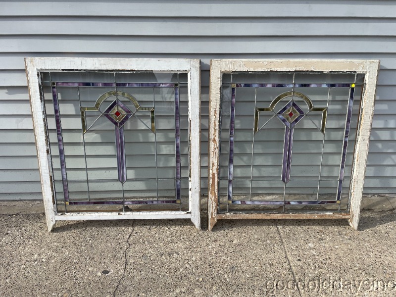 2 Antique 1920s Chicago Bungalow Style Stained Leaded Glass Windows