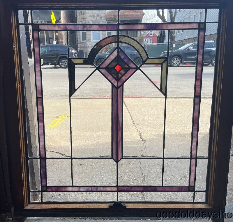 2 Antique 1920s Chicago Bungalow Style Stained Leaded Glass Windows