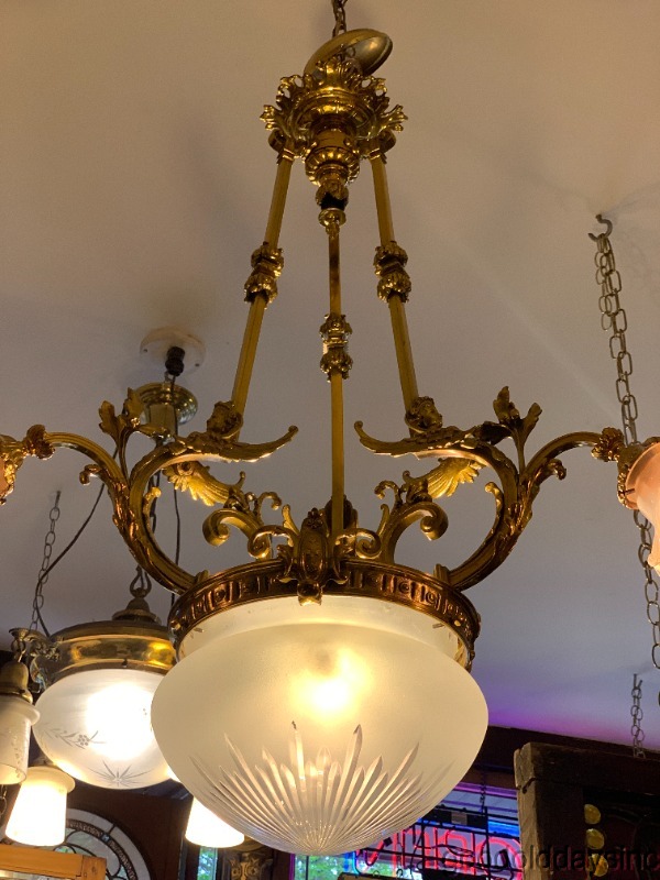 Antique Gold Plated Brass Cherub Chandelier - Ornate Four Socket Light Fixture