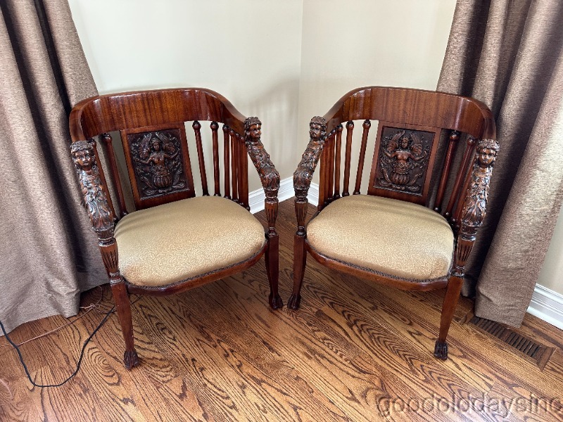 Pair of Antique Carved Chair Angel Cherub Mahogany Side Chairs