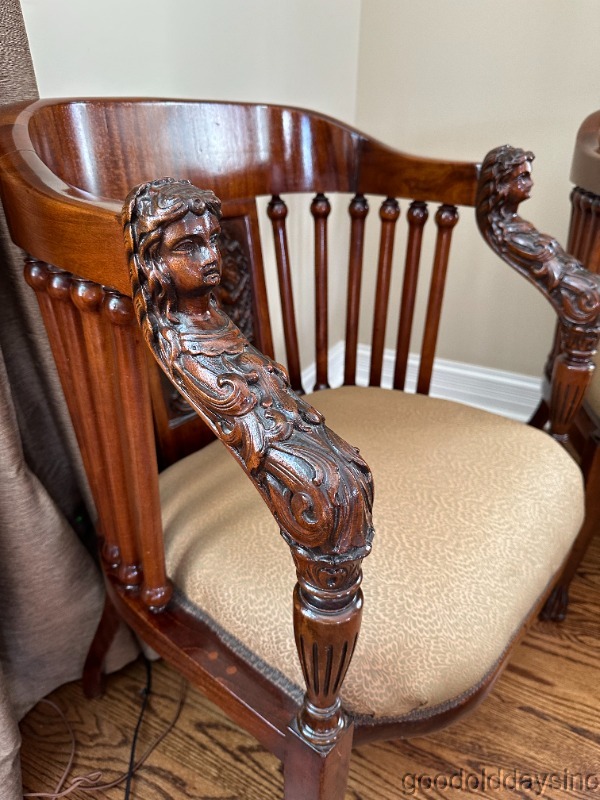 Pair of Antique Carved Chair Angel Cherub Mahogany Side Chairs