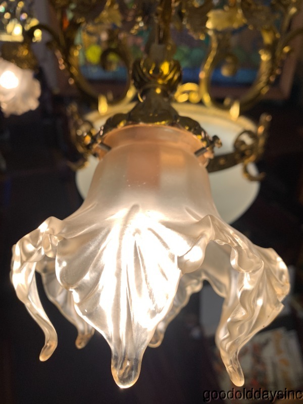 Antique Gold Plated Brass Cherub Chandelier - Ornate Four Socket Light Fixture