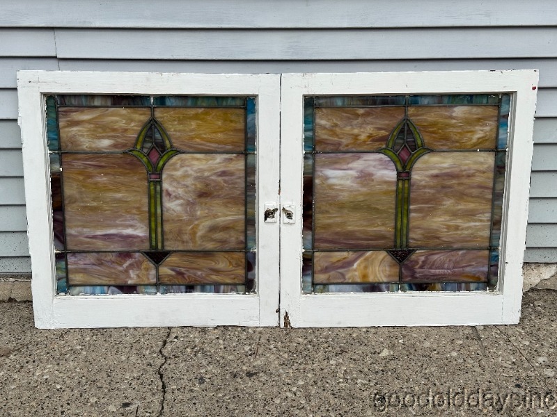Pair of Antique Colorful Stained Leaded Glass Windows Circa 1920