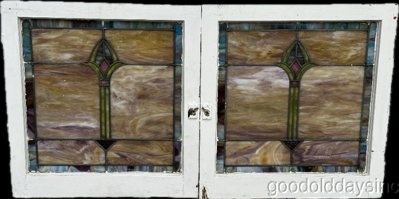 Pair of Antique Colorful Stained Leaded Glass Windows Circa 1920
