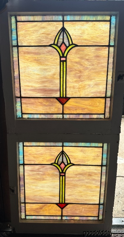 Pair of Antique Colorful Stained Leaded Glass Windows Circa 1920