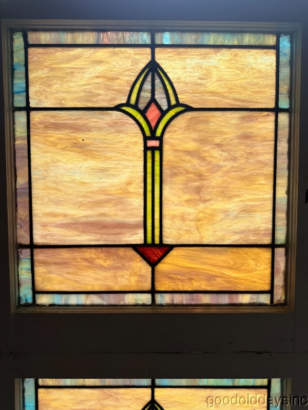 Pair of Antique Colorful Stained Leaded Glass Windows Circa 1920
