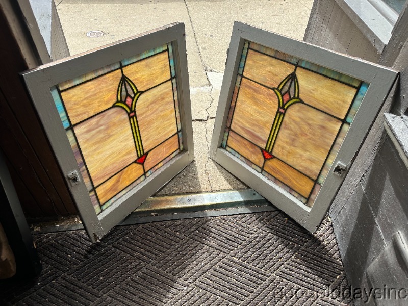 Pair of Antique Colorful Stained Leaded Glass Windows Circa 1920