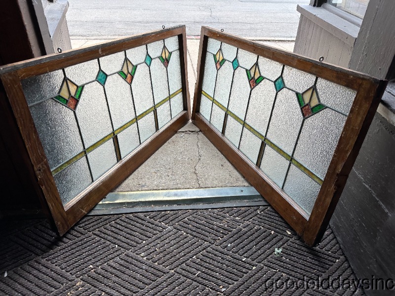 Pair Antique Chicago Arts Crafts Craftsman Stained Leaded Glass Transom Windows