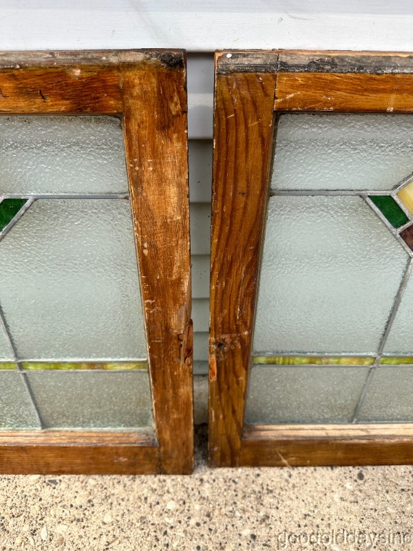 Pair Antique Chicago Arts Crafts Craftsman Stained Leaded Glass Transom Windows