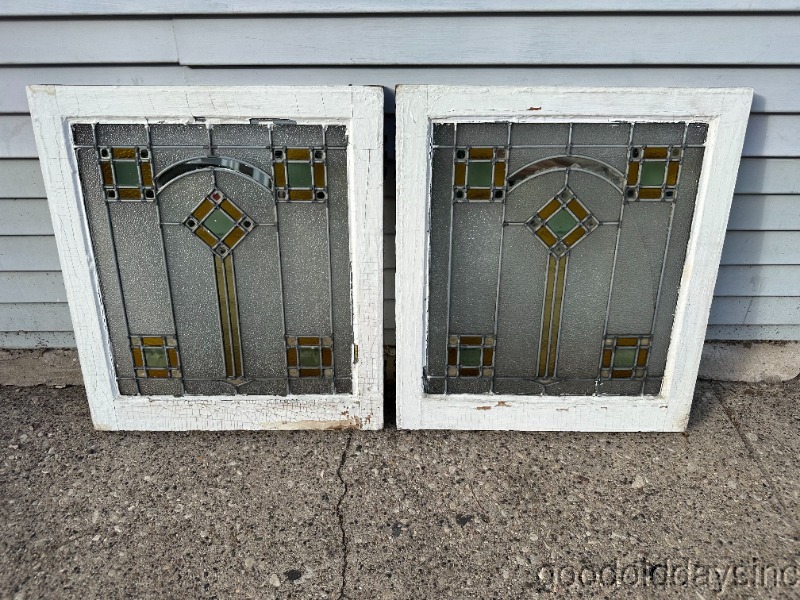 Pair of Chicago Bungalow Style Stained Leaded Glass Window Windows Circa1925
