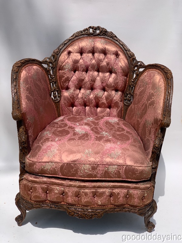 American French Style Ornate Carved Rose Pink Upholstered Chair w/ Tufted Back