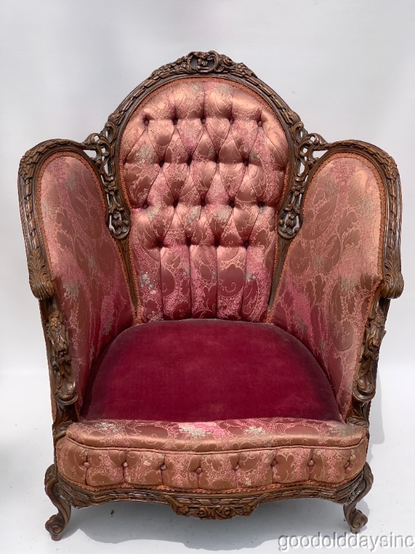 American French Style Ornate Carved Rose Pink Upholstered Chair w/ Tufted Back