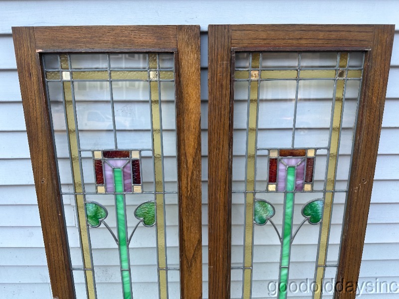 Pair of Antique 1920s Stained Leaded Glass Oak Bookcase Cabinet Doors / Windows