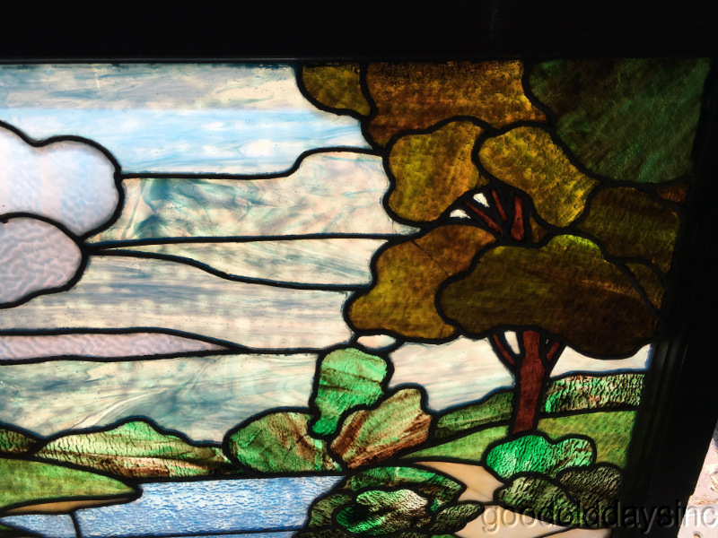 Antique Scene Window 36" by 25" Windmill Landscape River Circa 1910
