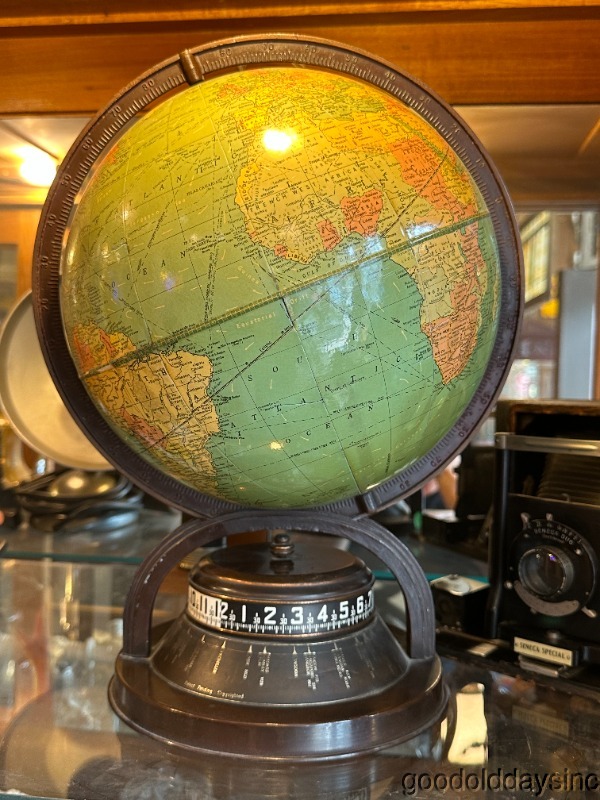 Antique Art Deco 1930's Replogle World Globe with Working Clock made in Chicago