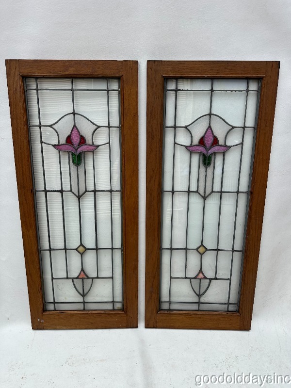 Antique Pair of Chicago Bungalow Stained Leaded Glass Bookcase Cabinet Doors