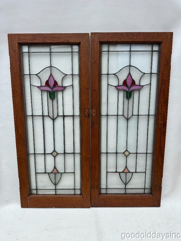 Antique Pair of Chicago Bungalow Stained Leaded Glass Bookcase Cabinet Doors