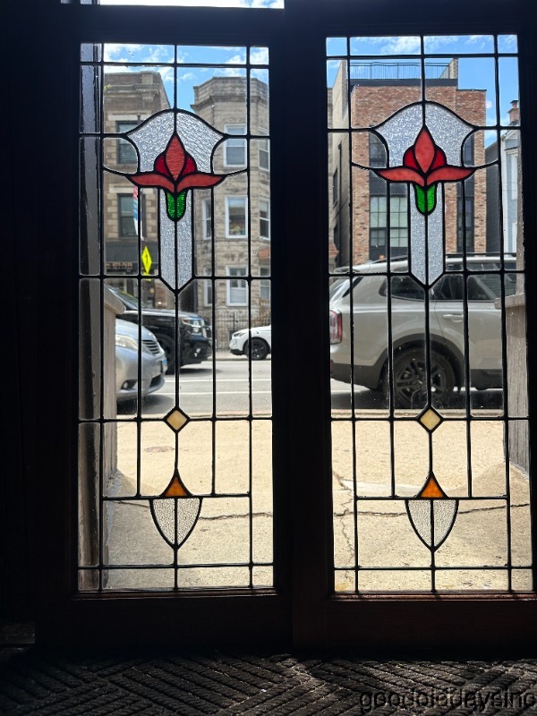 Antique Pair of Chicago Bungalow Stained Leaded Glass Bookcase Cabinet Doors