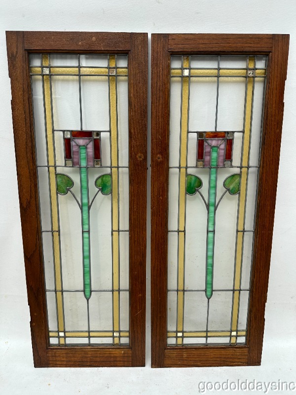 Pair of Antique 1920s Stained Leaded Glass Oak Bookcase Cabinet Doors / Windows