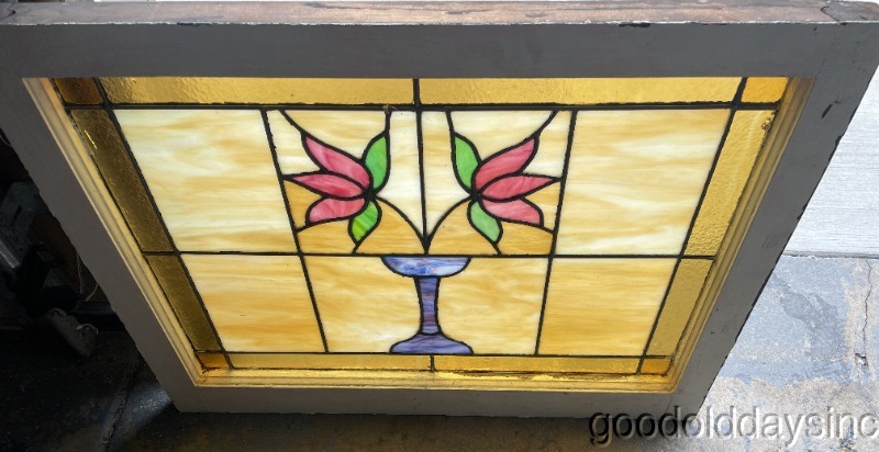 2 Antique Stained Leaded Glass Windows 2 Flower Chicago Bungalow Style 32x25