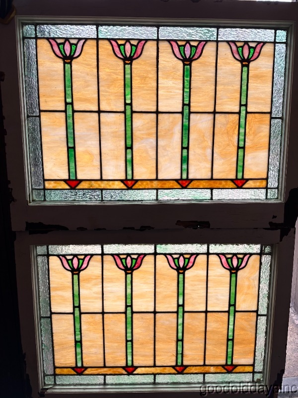Beautiful Pair of Antique 4 Tulip Stained Leaded Glass Window 34" by 25"
