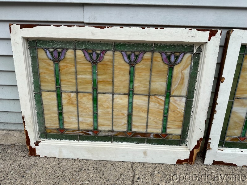 Beautiful Pair of Antique 4 Tulip Stained Leaded Glass Window 34" by 25"