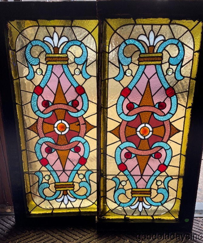 Nice Pair of Antique Victorian Stained Leaded Glass Transom Windows / Sidelights
