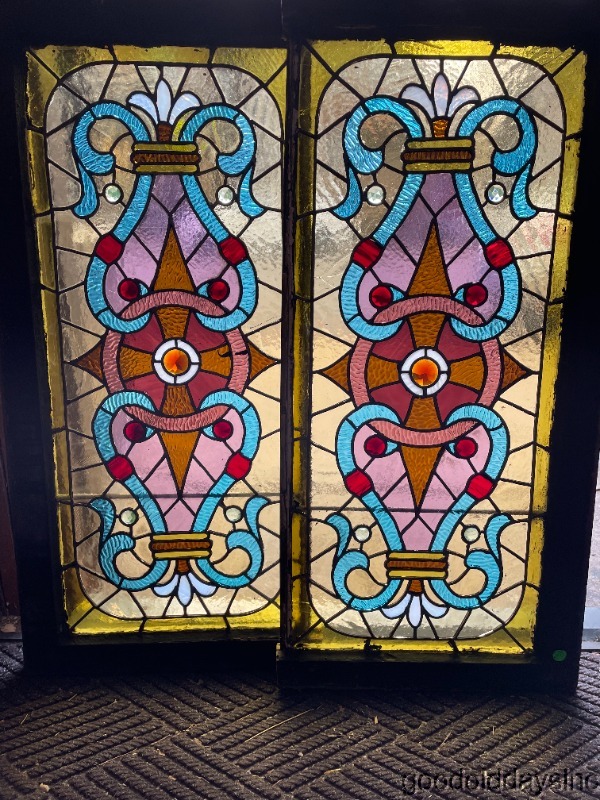 Antique Victorian-Stained Leaded Glass Transom Windows / Sidelights