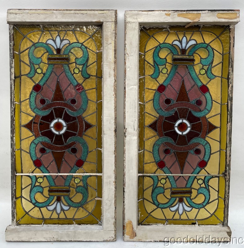 Nice Pair of Antique Victorian Stained Leaded Glass Transom Windows / Sidelights