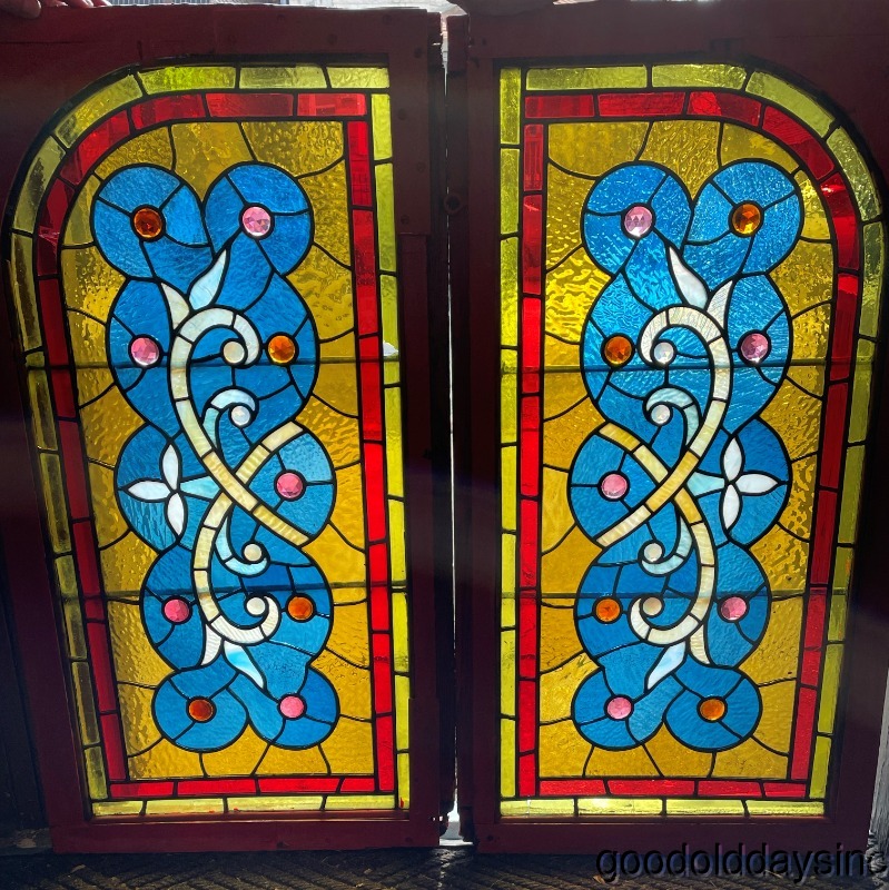 Pair of Antique Victorian Stained Leaded Glass Transom Windows / Sidelights