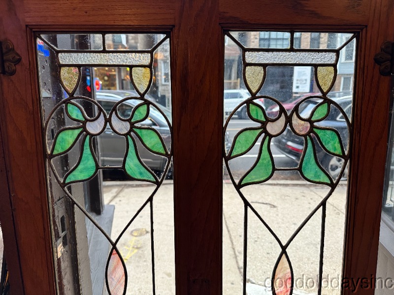 Pair of Antique Stained Leaded Glass Windows Oak Cabinet Doors