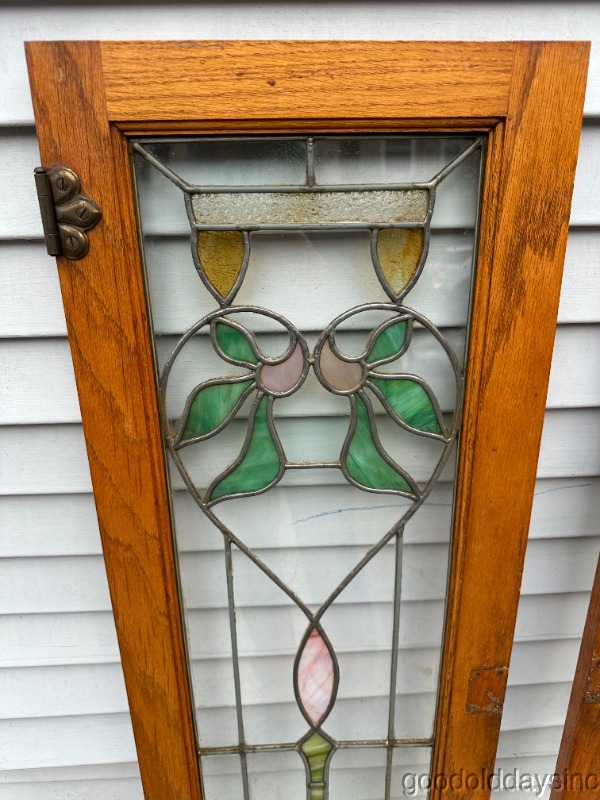 Pair of Antique Stained Leaded Glass Windows Oak Cabinet Doors