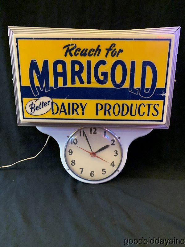 Vintage+1950s+60s+Marigold+Better+Dairy+Products+Lighted+Advertising+Clock+Sign