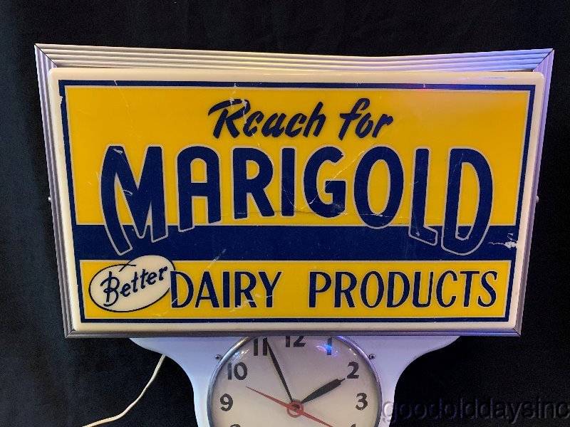 Vintage 1950s 60s Marigold Better Dairy Products Lighted Advertising Clock Sign