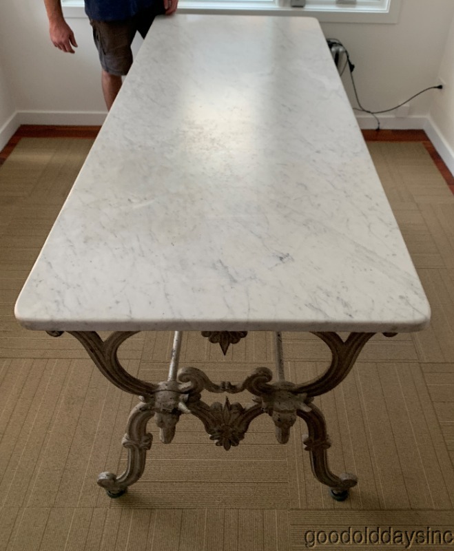 Antique French Cast Iron Marble Top Butcher's Table with 4 Steer / Bull Heads