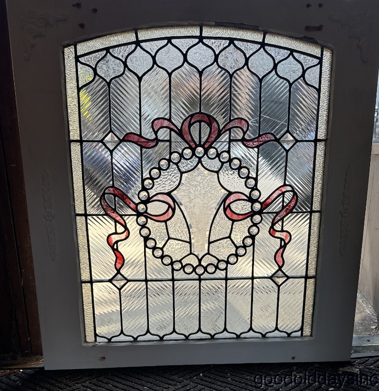 Beautiful Stained Leaded Glass Window w/ Glue chip Bevel & Jewels 37"x35"