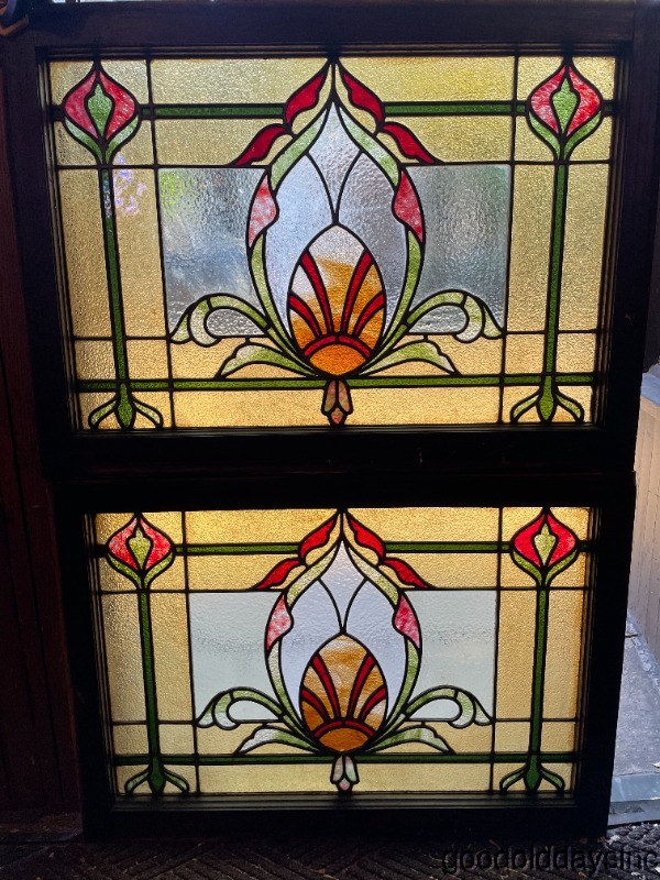 Antique Circa 1910 Art Nouveau Stained Leaded Glass Window 34" x 25"