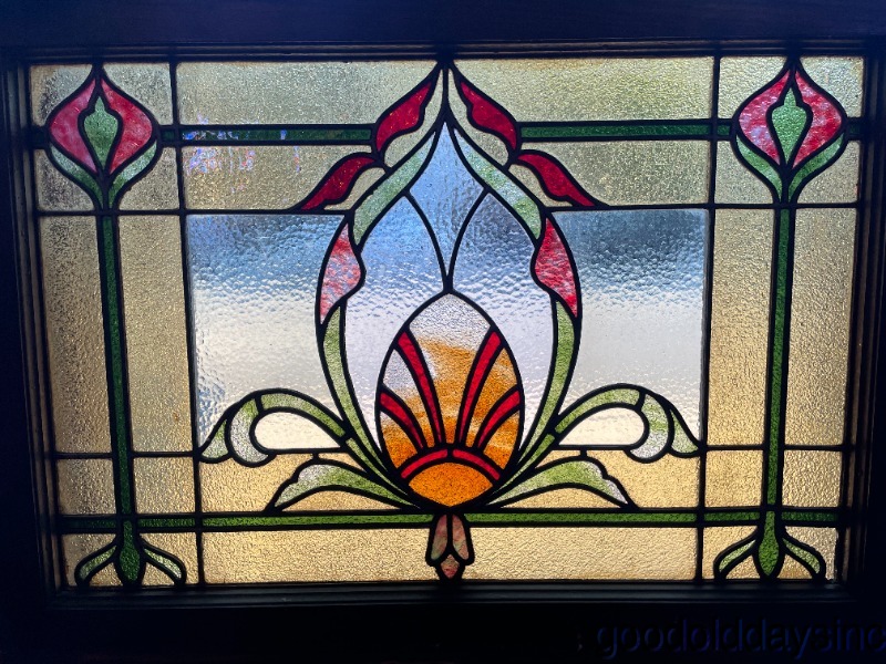 Antique Circa 1910 Art Nouveau Stained Leaded Glass Window 34" x 25"