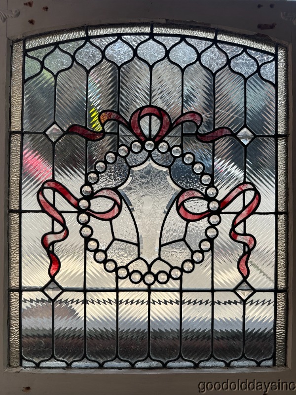 Beautiful Stained Leaded Glass Window w/ Glue chip Bevel & Jewels 37"x35"