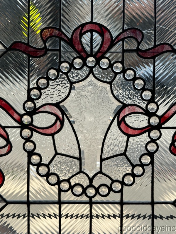 Beautiful Stained Leaded Glass Window w/ Glue chip Bevel & Jewels 37"x35"