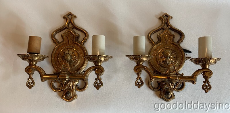 Pair of Antique Solid Brass Gold Gilt 2 Arm Wall Sconces Circa 1920