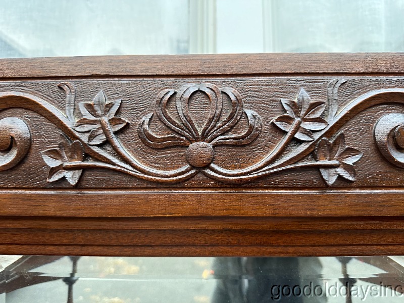 Beautiful Carved Oak Bookcase w/ Beveled Glass Mirror & 2 Drawers Circa 1910