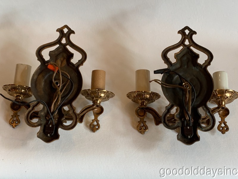 Pair of Antique Solid Brass Gold Gilt 2 Arm Wall Sconces Circa 1920