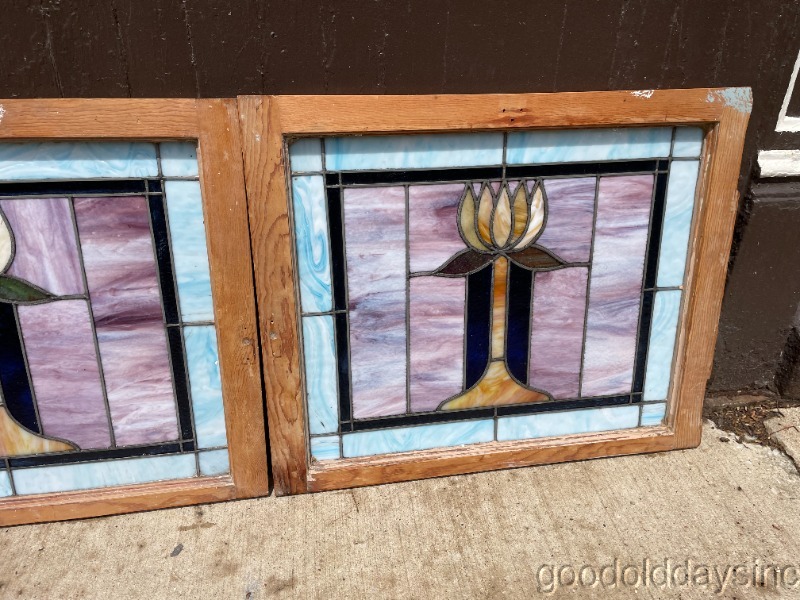 Pair of Antique Chicago Stained Leaded Glass Windows Circa 1915 28" x 23"